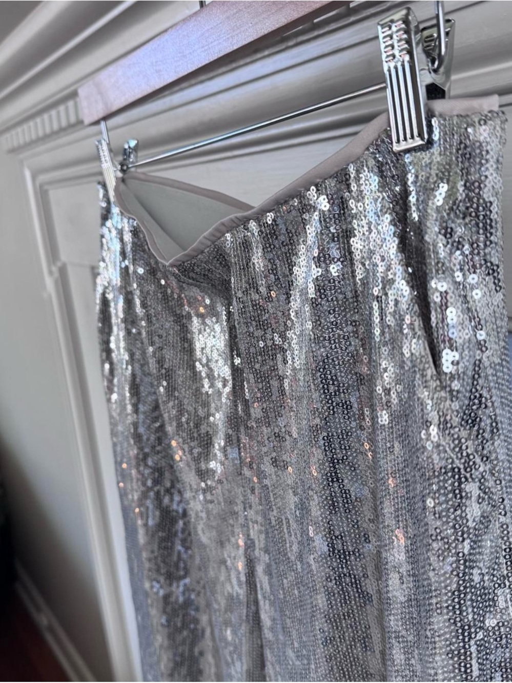 Boston Proper Malibu Silver Sequin Wide Leg Pants Lined Stretch Waist Glam Small - Picture 4 of 9
